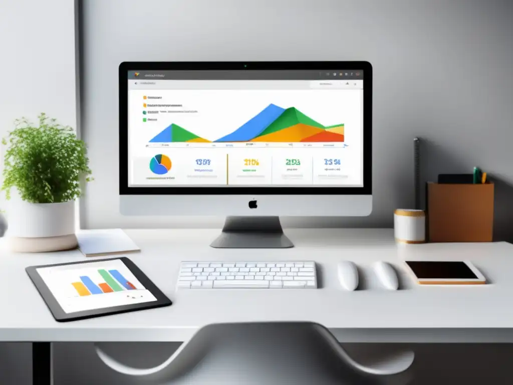 Espacio de trabajo minimalista con monitor de alta resolución que muestra la interfaz de Google Analytics