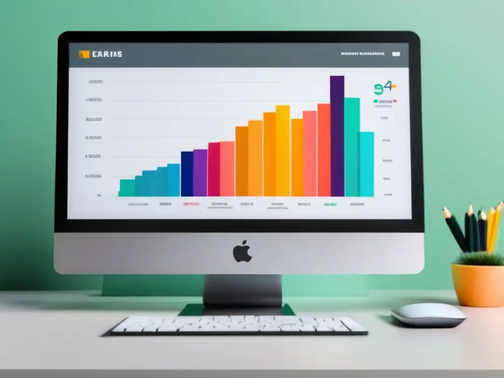 Escritorio minimalista con monitor de alta resolución mostrando gráfica de ingresos de marketing de afiliados para maximizar ganancias