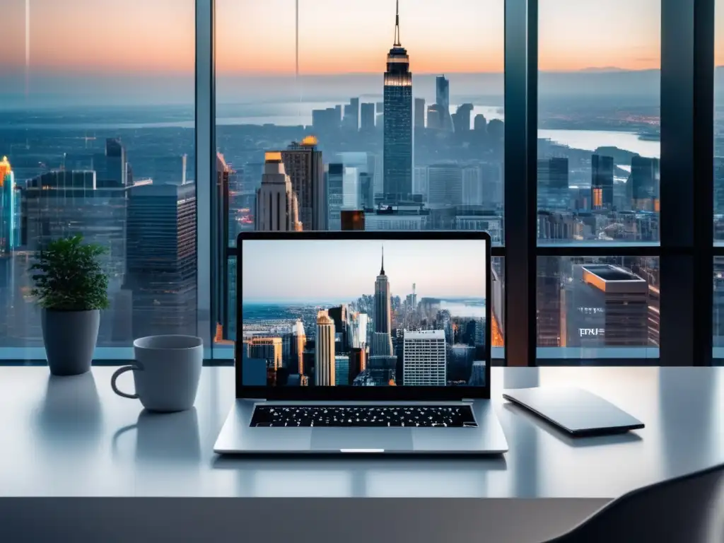 Laptop en escritorio blanco con vista panorámica de la ciudad y gráfico de programas de afiliados más efectivos