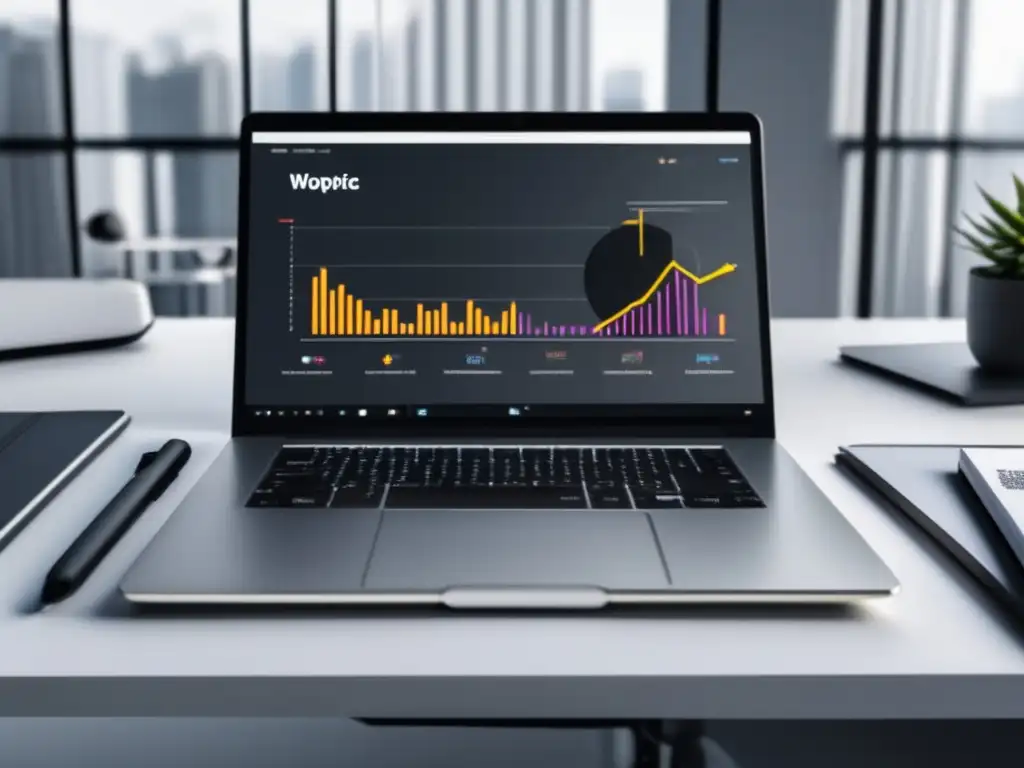 Espacio de trabajo minimalista con laptop, gráfico de métricas y smartphone con alta interacción