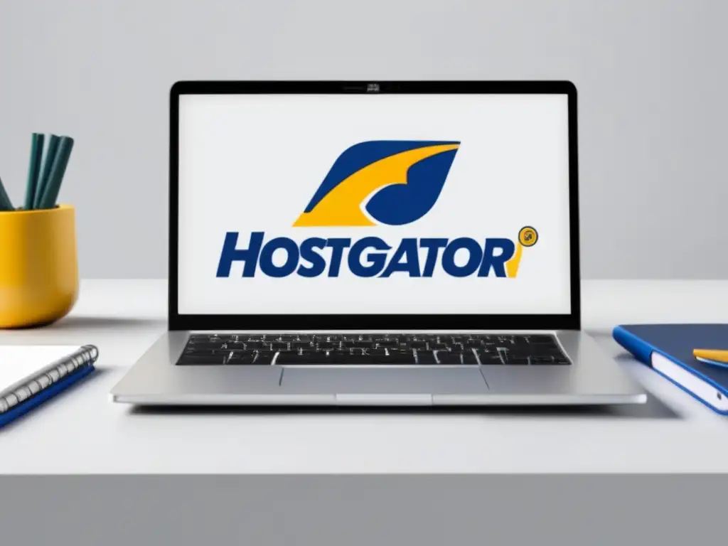 Laptop minimalista con logo de HostGator en pantalla, rodeado de elementos de oficina