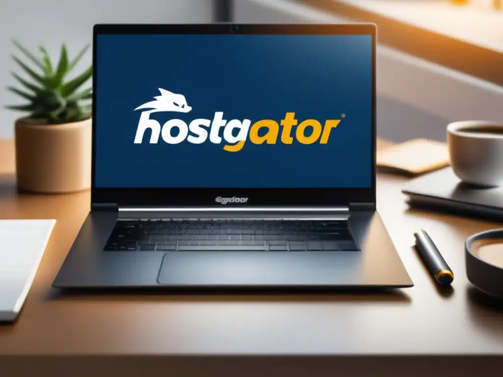 Laptop HostGator: Programa de Afiliados, escritorio minimalista, herramientas profesionales, iluminación suave