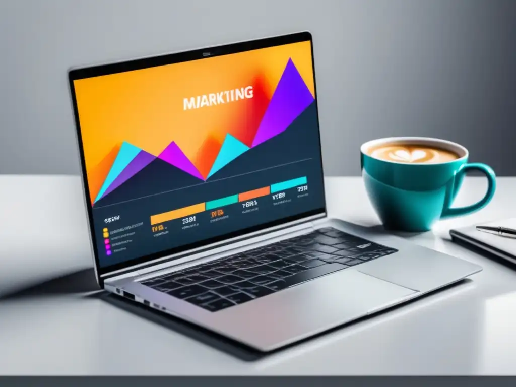 Laptop moderno y minimalista en un escritorio blanco con gráfico de tendencias en marketing de afiliados