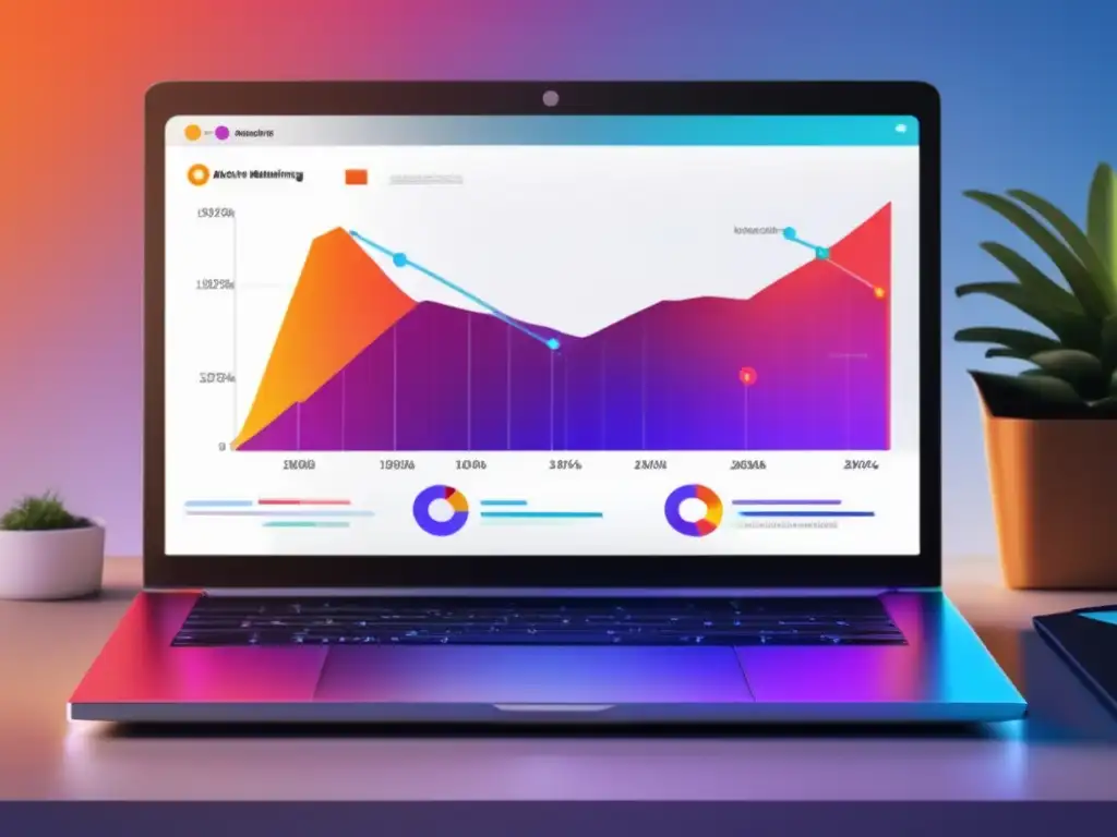 Laptop moderno en un escritorio minimalista con gráfico vibrante de análisis de palabras clave para marketing de afiliados