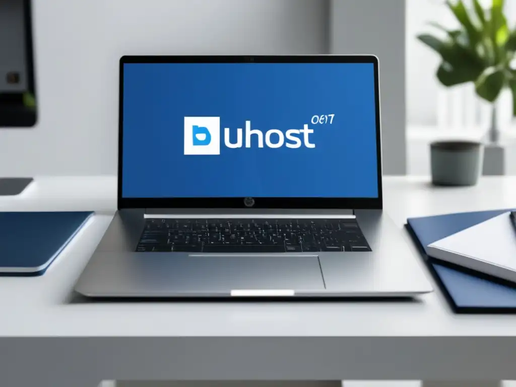 Laptop Bluehost programa afiliados: imagen 8k ultradetallada de una laptop elegante con logo Bluehost en pantalla, en un escritorio blanco y limpio