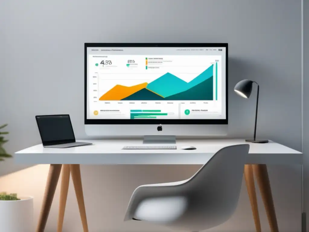 Escritorio blanco y minimalista con monitor mostrando análisis web - Estrategias para aumentar ventas en marketing de afiliados