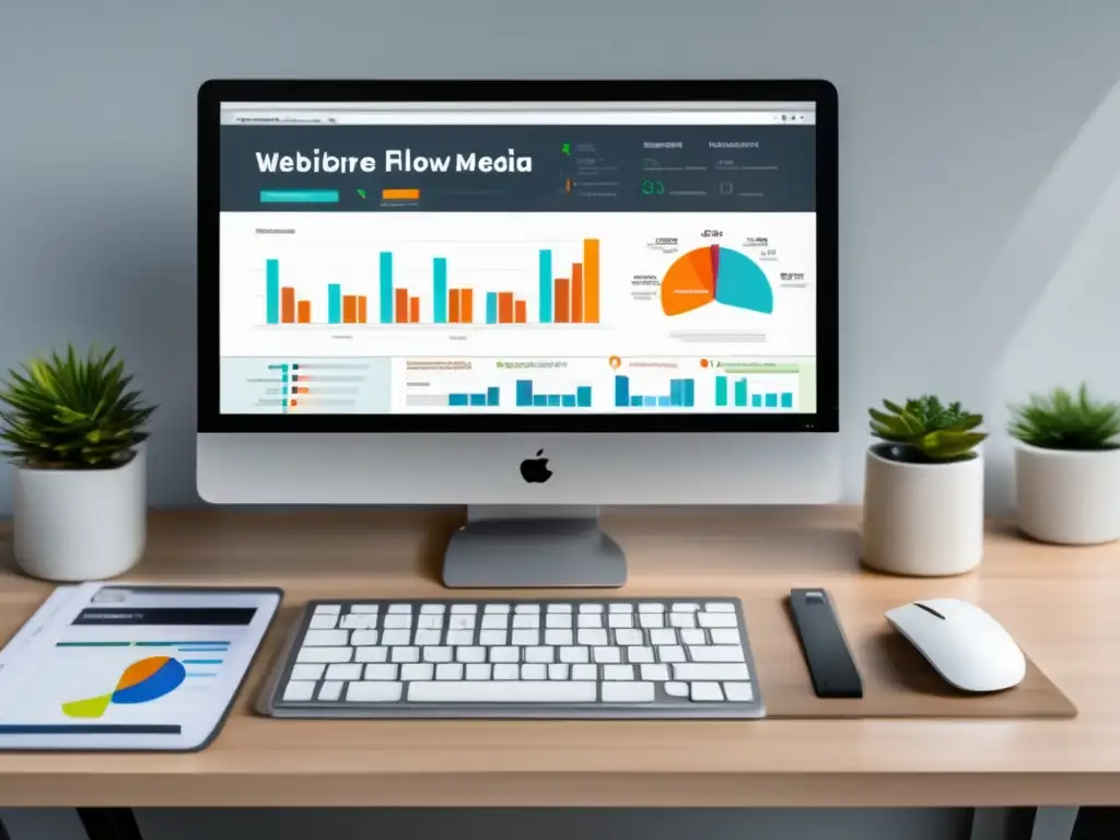 Escritorio minimalista con monitor moderno y estrategias de SEO para aumentar la tasa de conversión en sitio afiliado