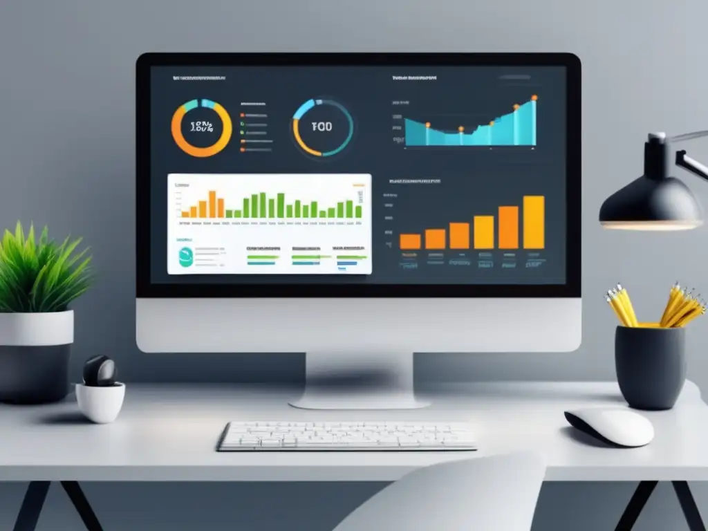 Imagen: Espacio de trabajo minimalista con monitor que muestra panel de métricas en tiempo real y herramienta de rastreo para campañas de afiliados