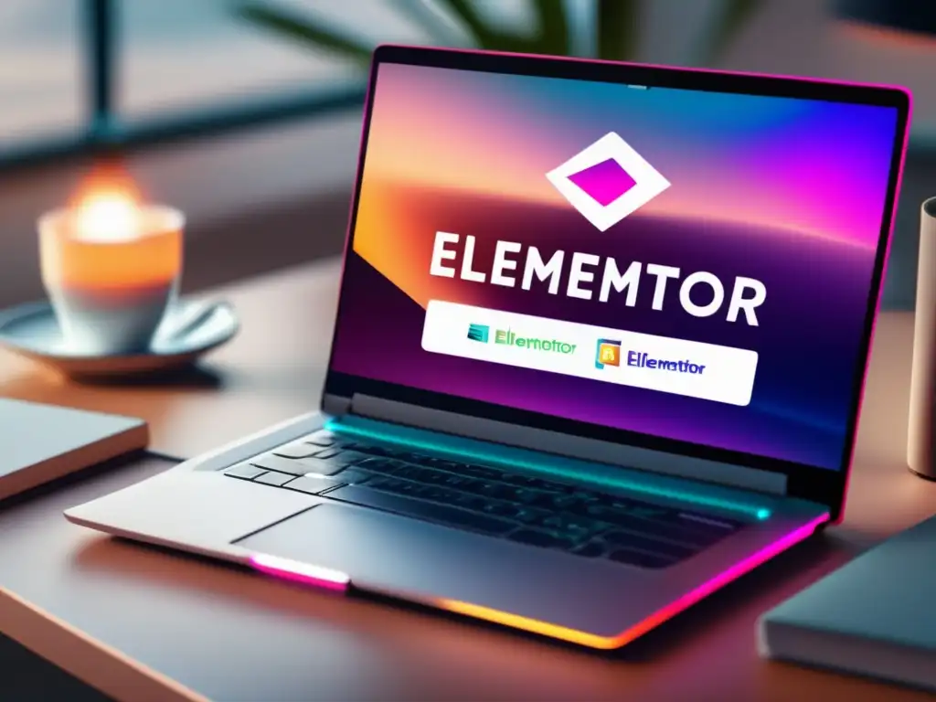 Imagen de laptop moderna y profesional con logo de Elementor, rodeada de recursos de marketing de afiliados