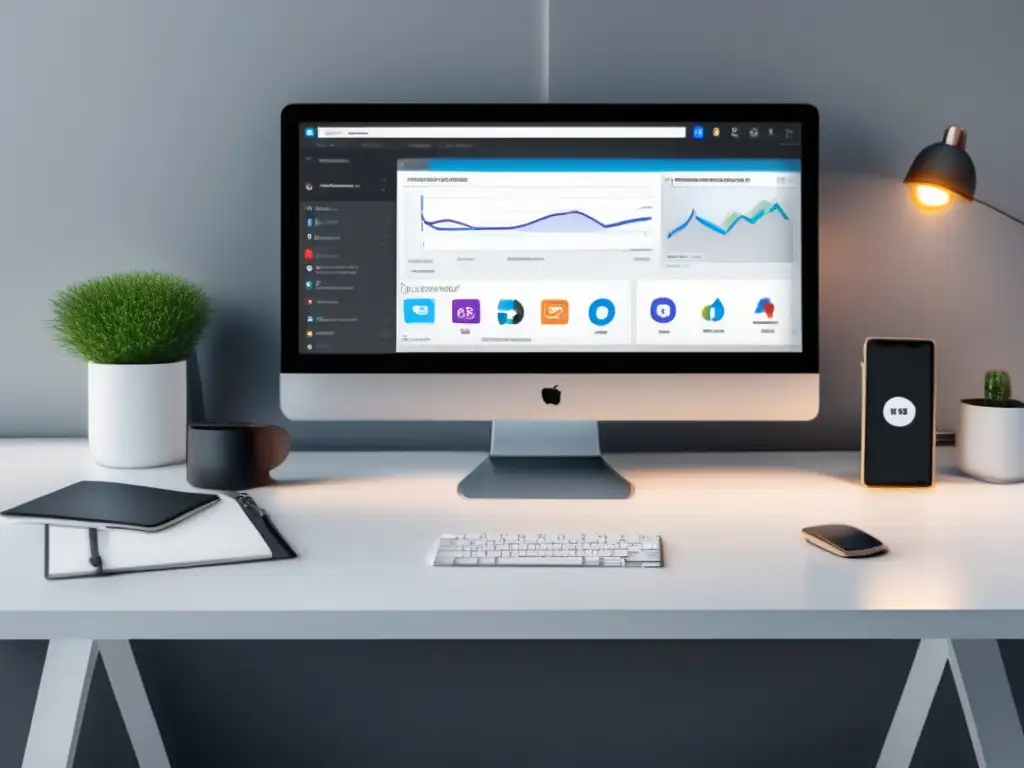 Escritorio moderno con ordenador y redes sociales: estrategias de marketing de afiliados