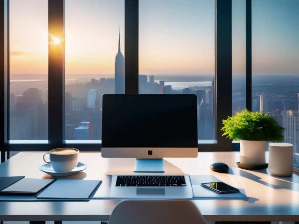 Oficina minimalista con escritorio blanco y ventana panorámica sobre ciudad