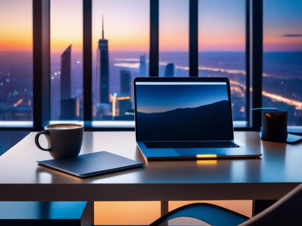 Espacio de trabajo minimalista con escritorio moderno, laptop, notas y vista panorámica de ciudad al atardecer