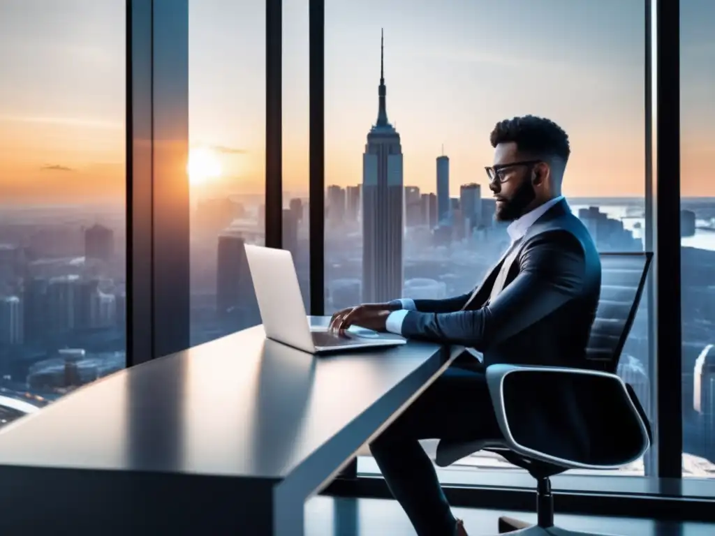 Persona trabajando en un escritorio moderno con vistas a la ciudad - herramientas de investigación de mercado para afiliados de marketing