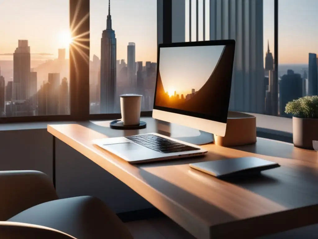 Espacio de trabajo minimalista con escritorio de madera clara, ordenado y con vista panorámica de ciudad