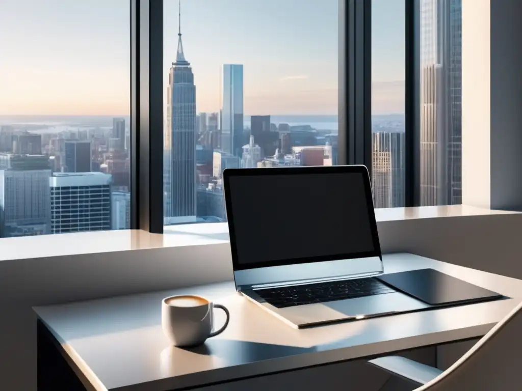 Espacio de trabajo minimalista con ventana panorámica, laptop, cuaderno y café