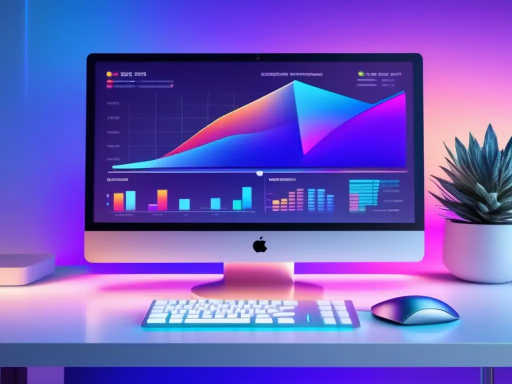 Imagen ultradetallada de pantalla de computadora moderna mostrando visualizaciones de datos coloridos y gráficos