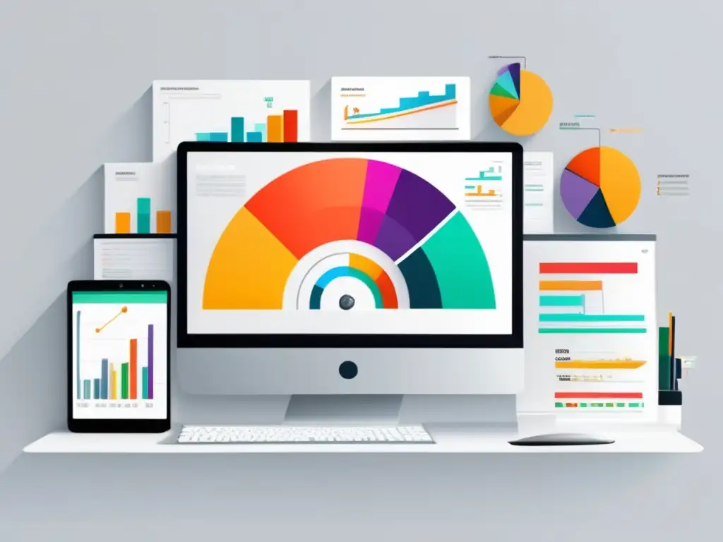 Escritorio moderno con monitor de alta resolución que muestra visualización de datos de audiencia y crecimiento de ingresos de afiliados