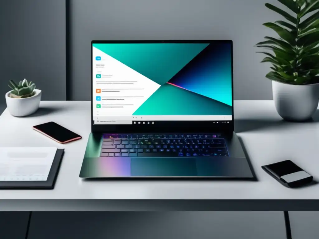 Espacio de trabajo minimalista con laptop de alta gama y herramientas de análisis de palabras clave