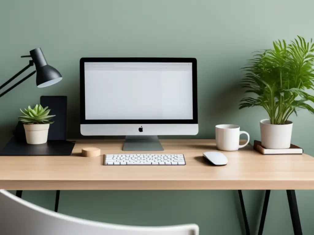 Escritorio minimalista con computadora, teclado inalámbrico, planta y vista a la ciudad