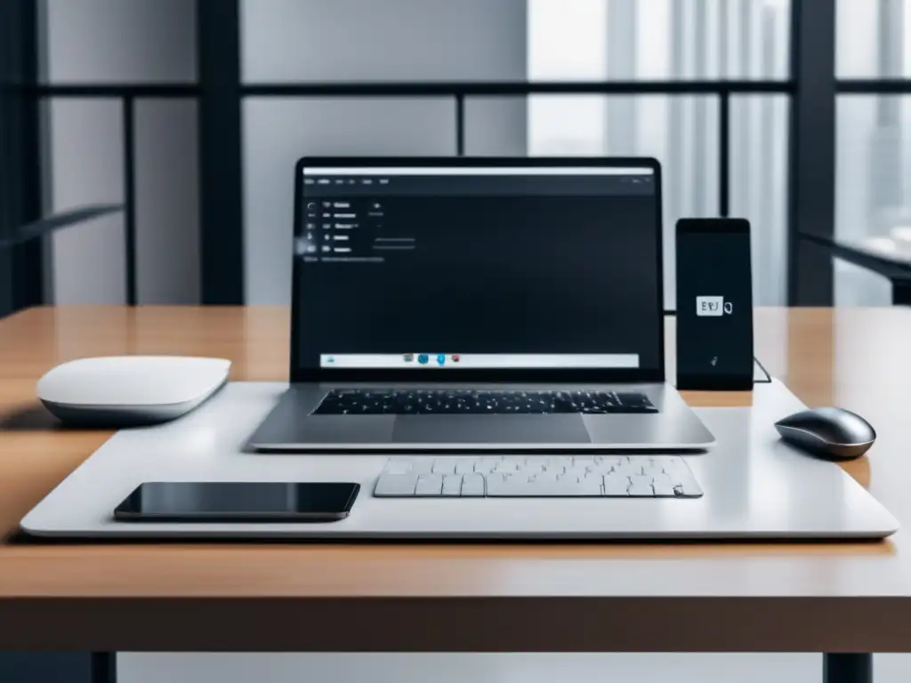 Escritorio minimalista con laptop, teclado, ratón, smartphone, pagos rápidos y programas de afiliados