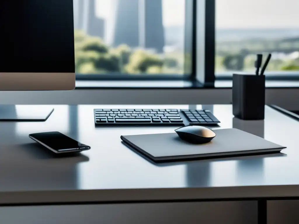 Oficina minimalista con escritorio de mármol blanco, laptop, teclado inalámbrico y libros legales