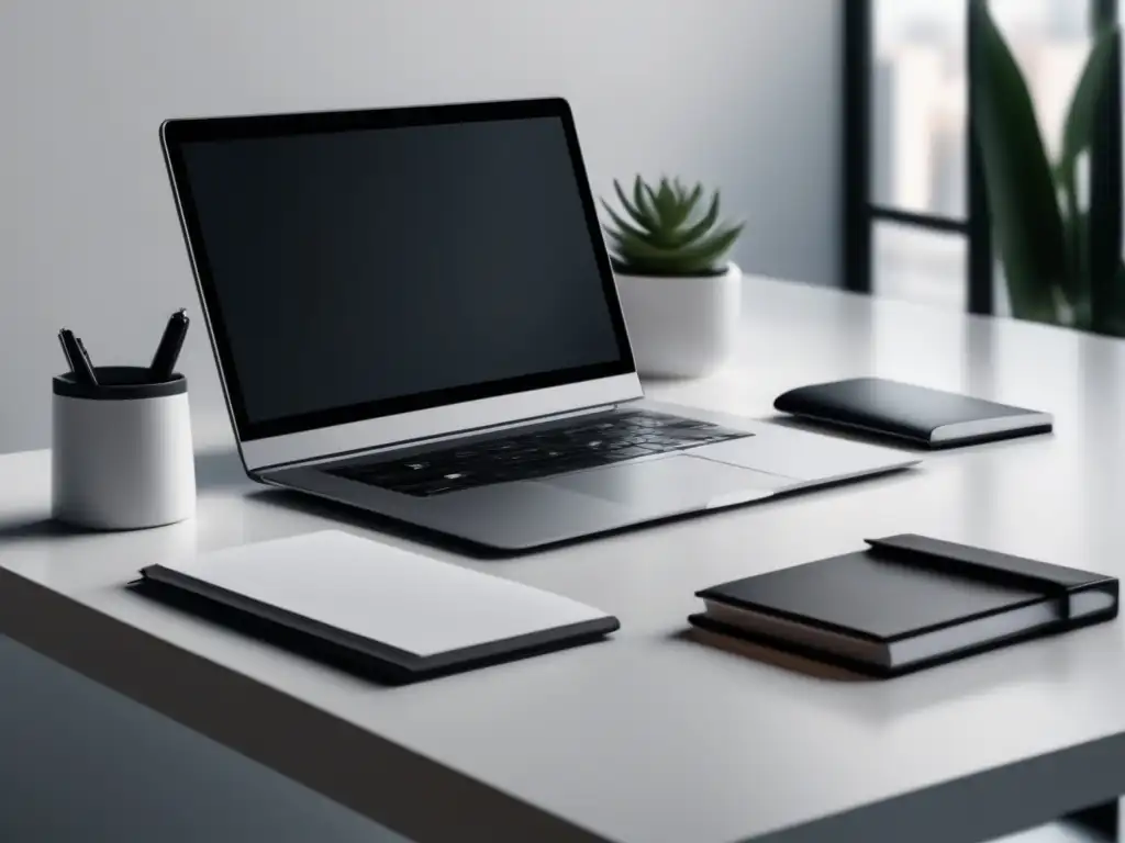 Escritorio minimalista con diseño moderno y elegante, con laptop, portalápices y notepad 