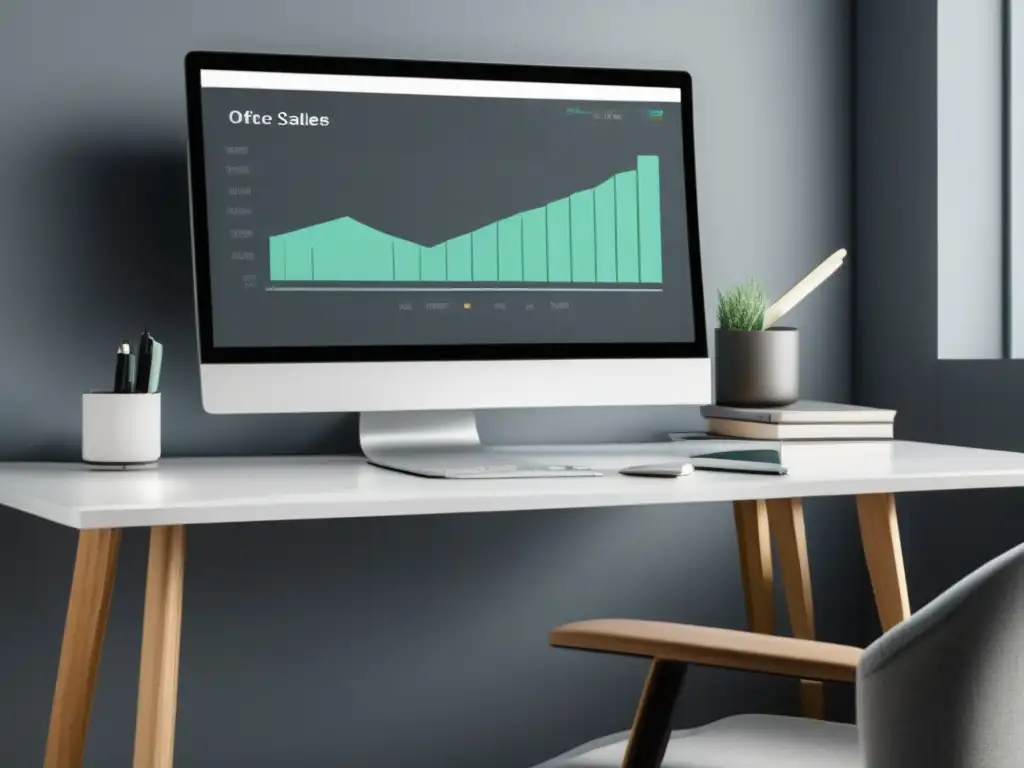 Escritorio minimalista con monitor mostrando gráfico de ventas, programas de afiliados CPA efectivos