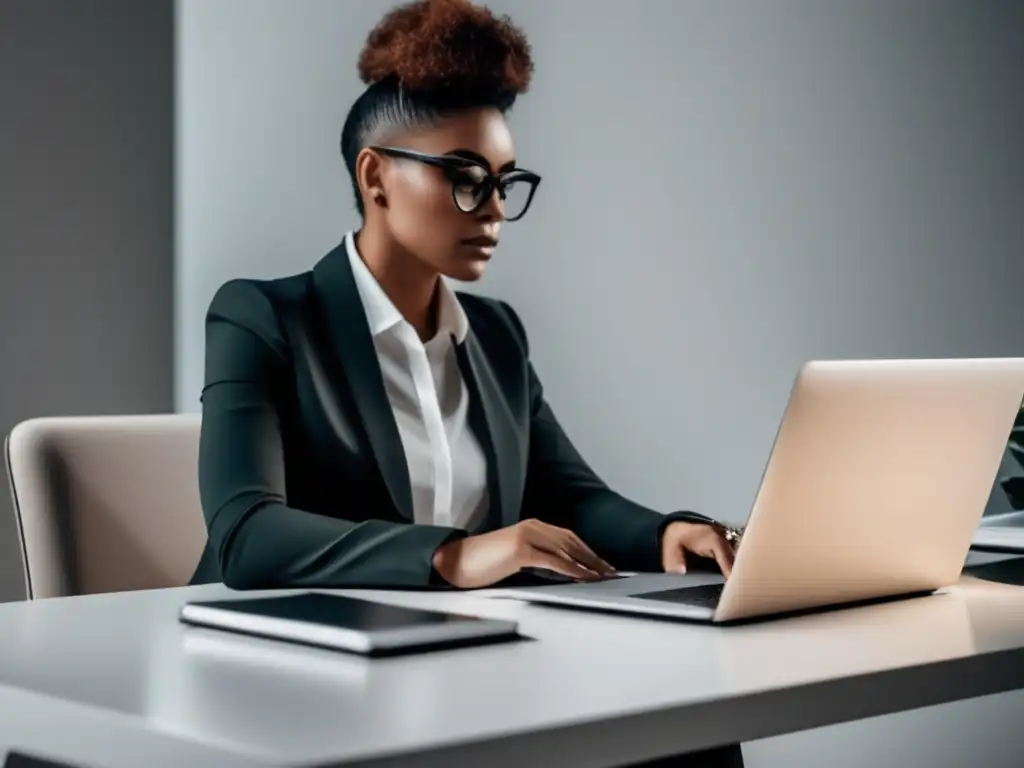 Persona trabajando en escritorio minimalista con laptop, expresión centrada y elementos organizados