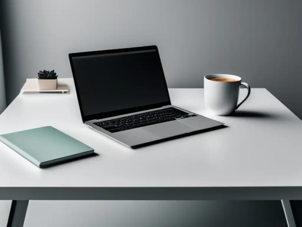 Laptop minimalista en un escritorio blanco con ambiente organizado y café