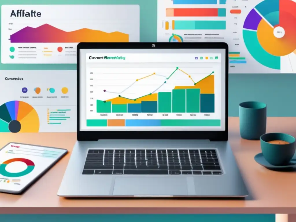 Laptop en escritorio con gráficos de análisis de datos en marketing de afiliados