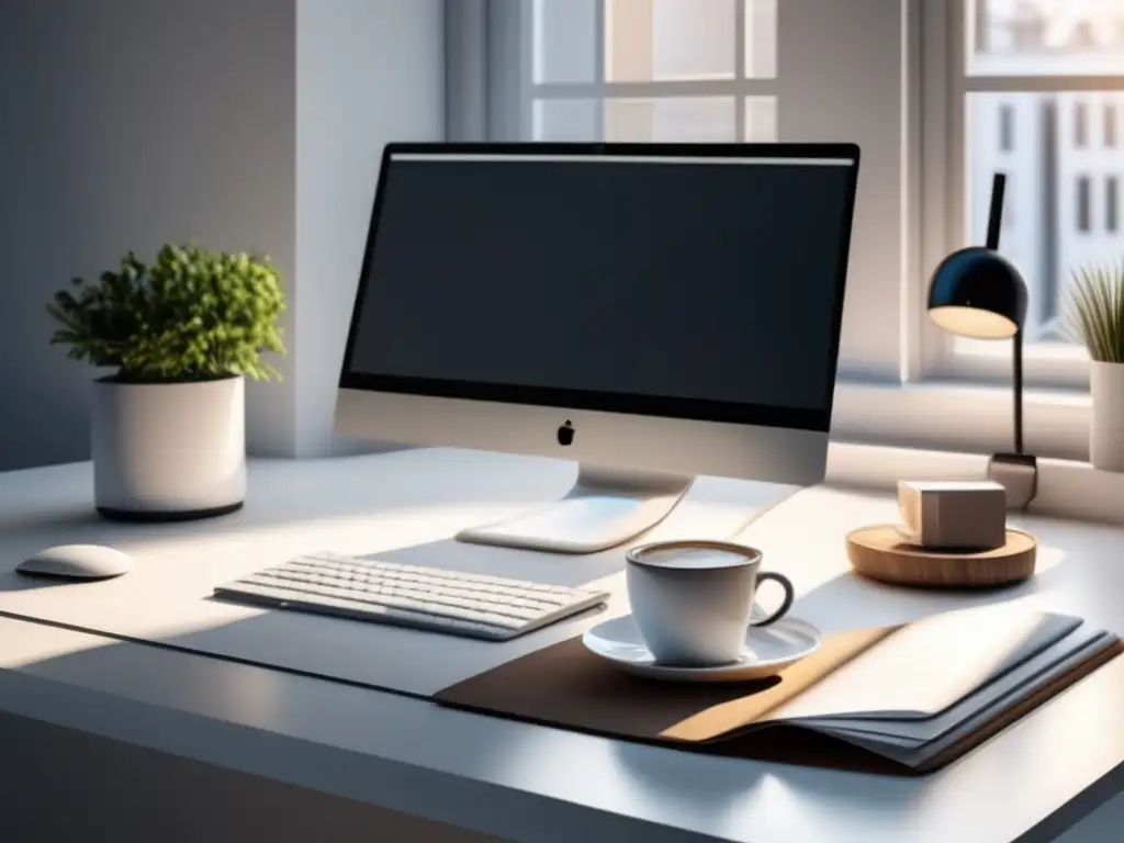 Espacio de trabajo minimalista con escritorio blanco, monitor moderno y elementos cuidadosamente seleccionados