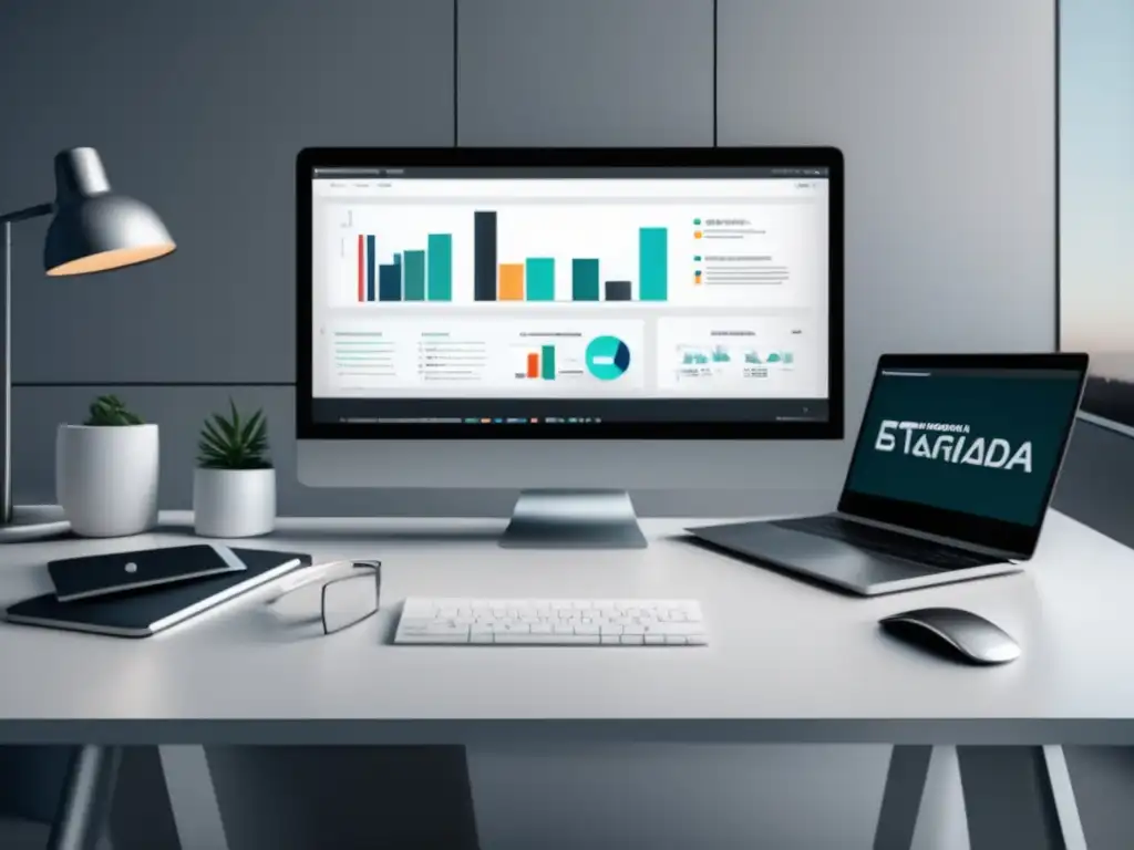 Imagen 8k de una oficina moderna con escritorio minimalista y laptop con herramienta de investigación de palabras clave