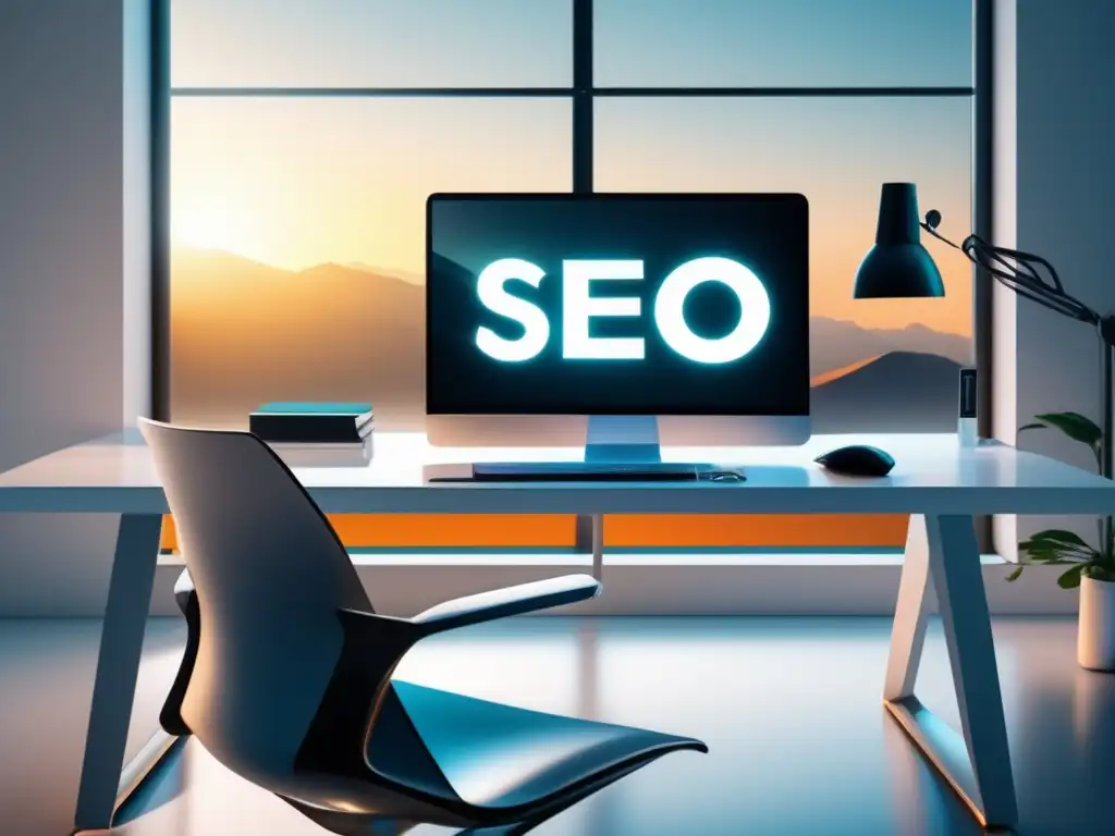 Escritorio blanco con monitor de SEO: herramientas de SEO para aumentar ventas en marketing de afiliados