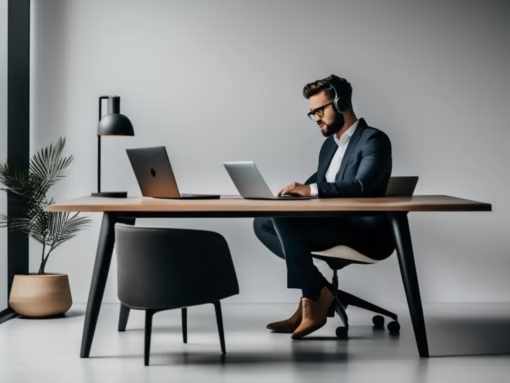 Pasos clave para éxito en marketing afiliados: persona enfocada en escritorio moderno con laptop, organizado y motivador