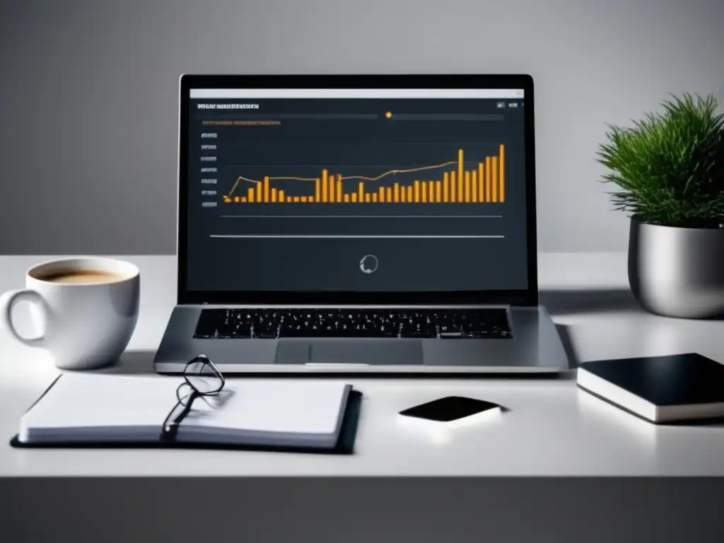 Escritorio minimalista con computadora moderna, notas y café, simbolizando estrategias de marketing de afiliados para ingresos automáticos