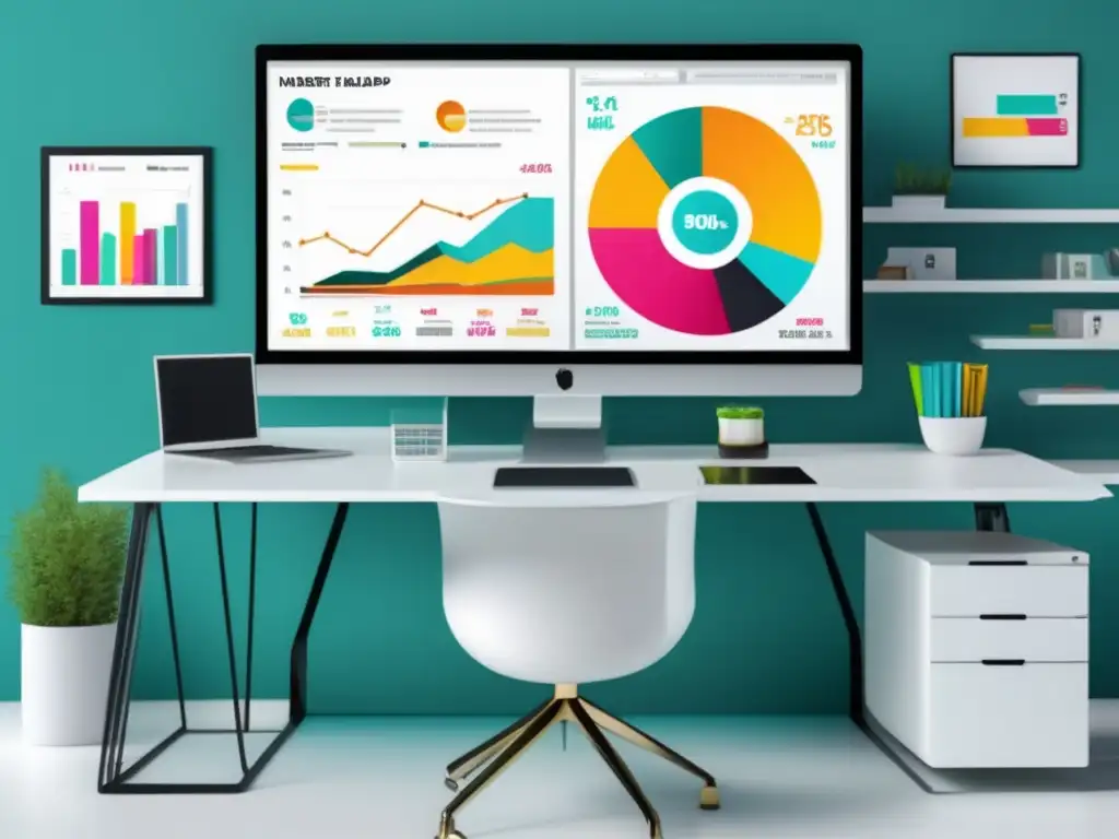 Herramientas de research de mercado para marketing de afiliados en una imagen de 8K con estilo minimalista y moderno, mostrando un espacio de trabajo limpio y ordenado con un escritorio blanco y un monitor grande que muestra un dinámico panel de control de investigación de mercado