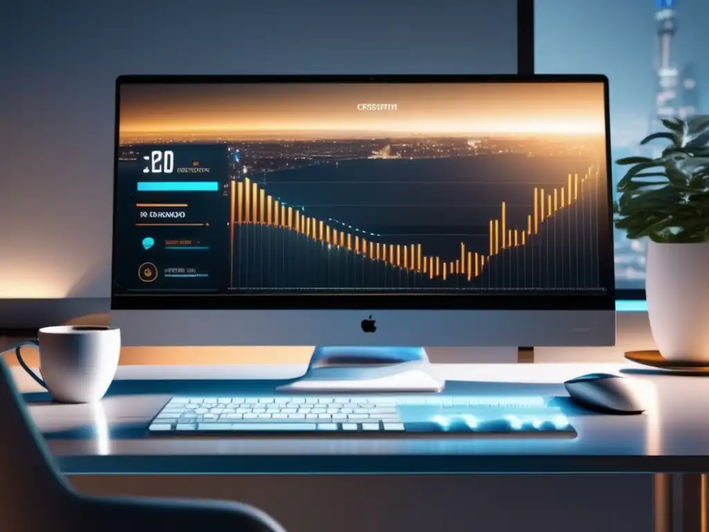 Imagen de escritorio moderno 8k con teclado, mouse, monitor y gráficos de conversiones