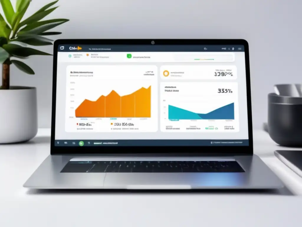 Laptop moderno en escritorio blanco con dashboard intuitivo de métricas para estrategias de marketing de afiliados