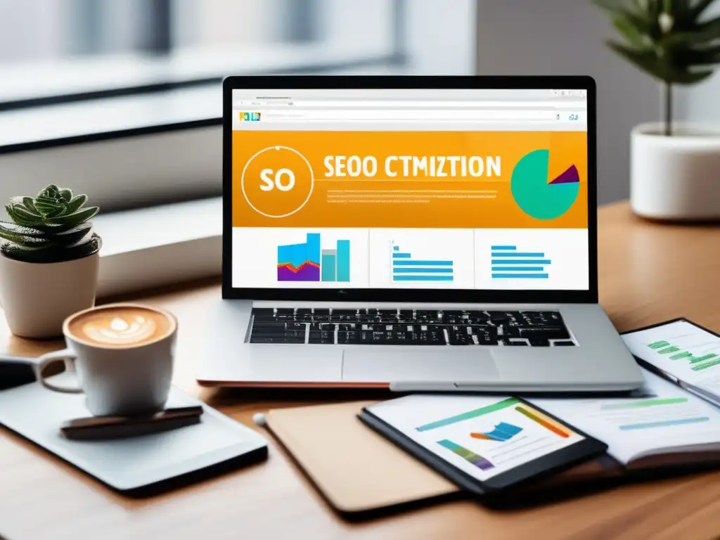 Imagen de laptop en escritorio, con dashboard SEO y estrategias para aumentar ganancias en marketing de afiliados