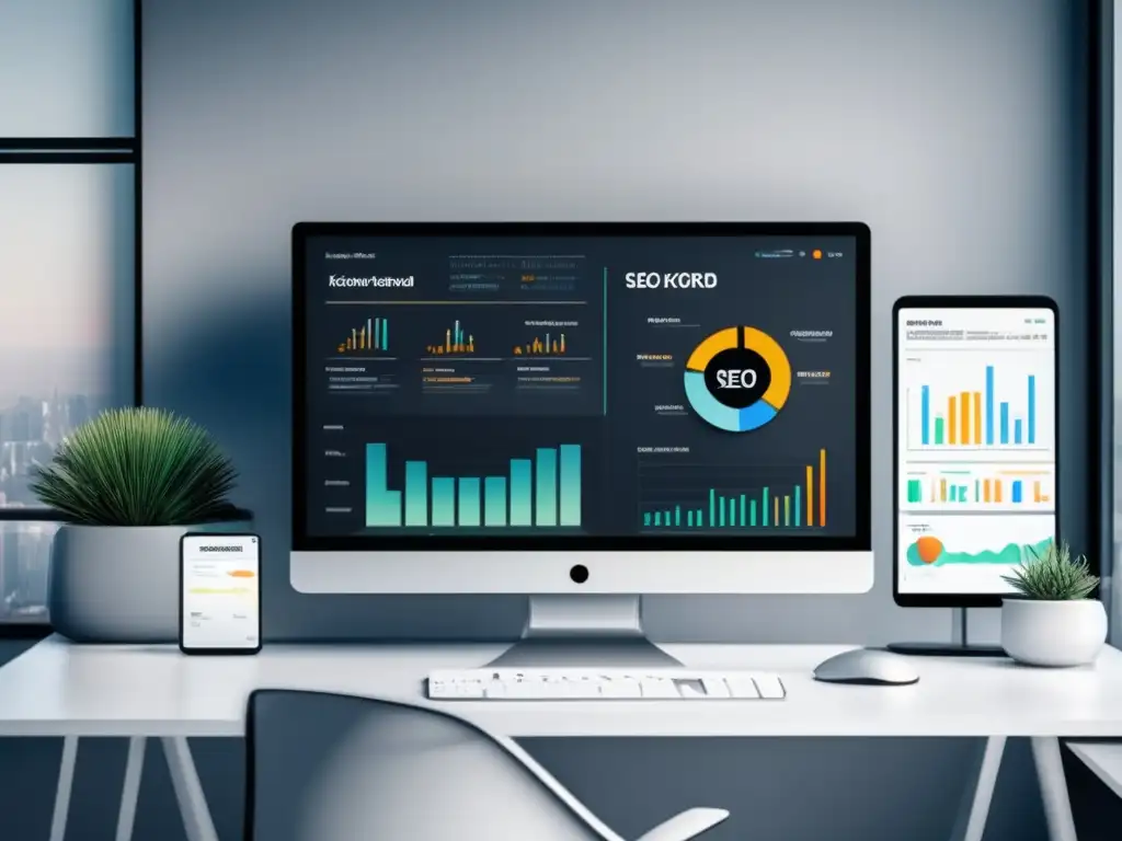 Espacio de trabajo minimalista con monitor SEO y herramientas para marketing de afiliados