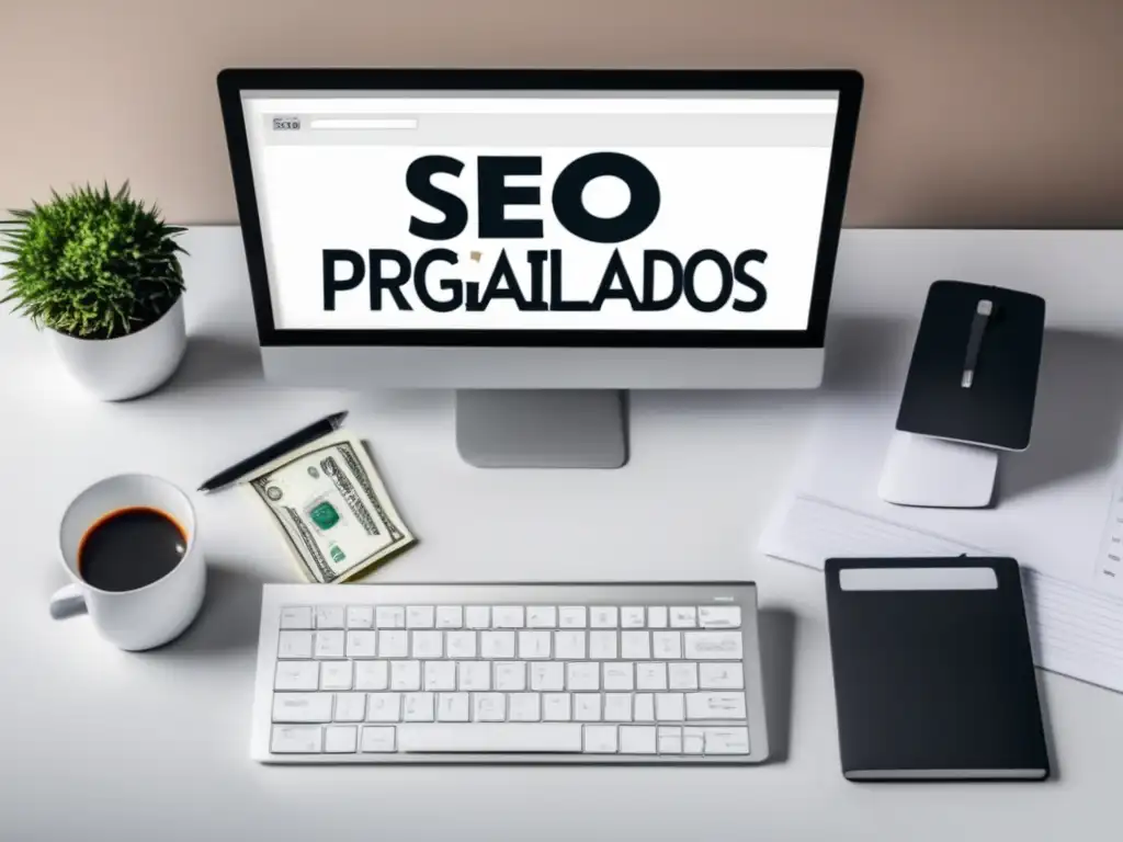 Escritorio blanco con herramientas de SEO y programas de afiliados