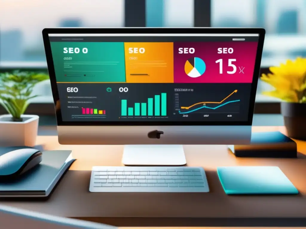 Imagen 8k de oficina minimalista con laptop y dashboard de SEO para marketing de afiliados