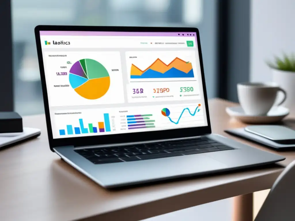 Laptop moderno en escritorio minimalista con dashboard SEO y estrategias de SEO para aumentar la autoridad de un sitio de afiliados