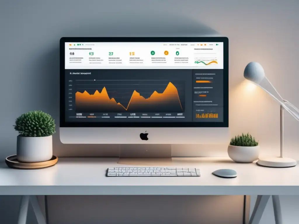 Escritorio blanco con monitor mostrando análisis SEO para estrategias de marketing de afiliados