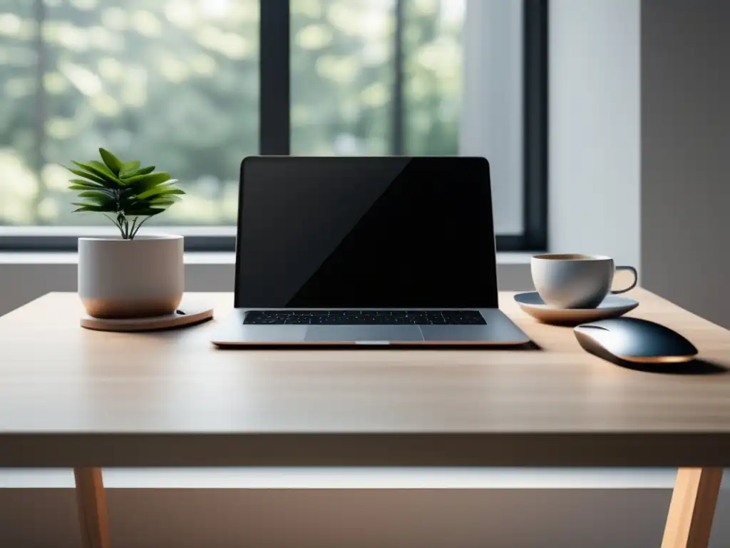 Espacio de trabajo minimalista con escritorio de madera clara, laptop, mouse inalámbrico y taza de café