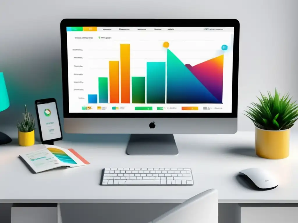 Espacio de trabajo minimalista con monitor, gráficos coloridos y herramientas tecnológicas para estrategias efectivas de marketing de afiliados