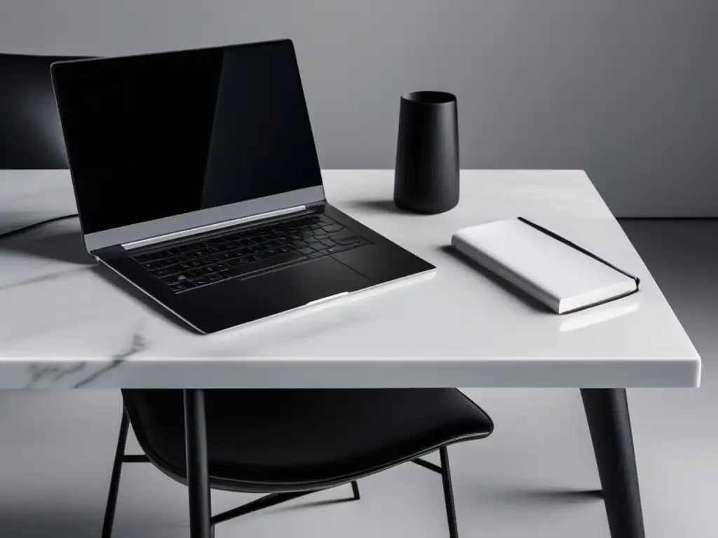 Espacio de trabajo minimalista con escritorio de mármol blanco, silla ergonómica y estrategias de contenido para marketing de afiliados