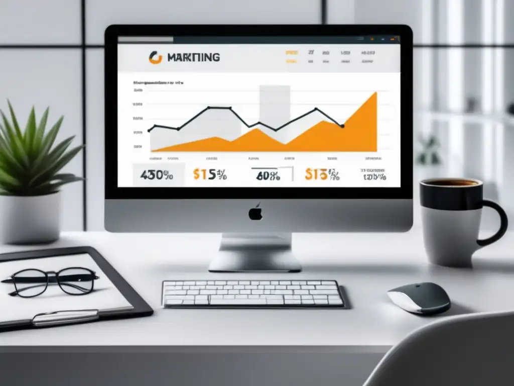 Workspace minimalista con escritorio blanco y monitor grande que muestra gráfico de crecimiento de estrategias de marketing de afiliados