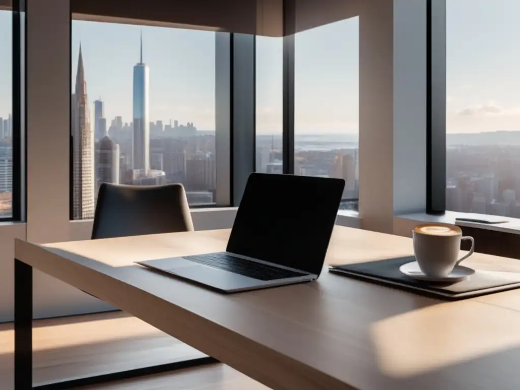 Espacio de trabajo minimalista con escritorio de madera clara, laptop, bloc de notas, taza de café y vista urbana