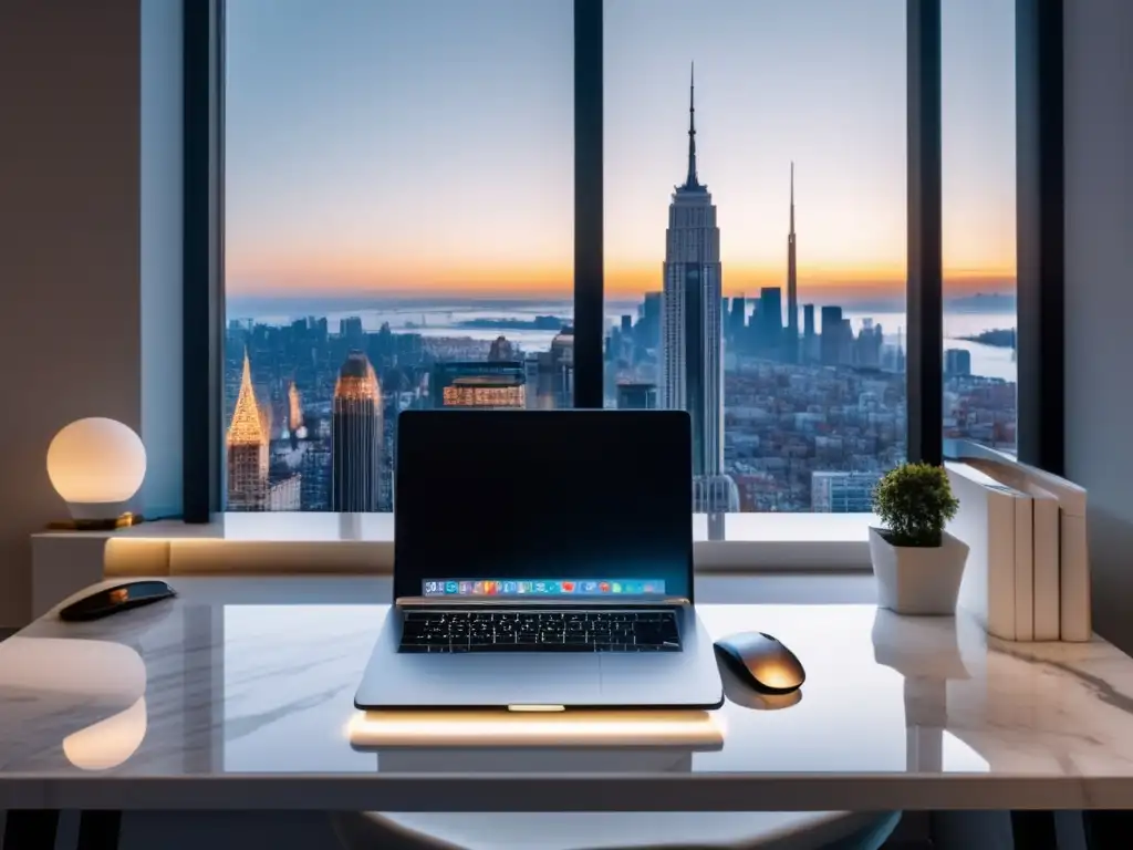 Espacio de trabajo minimalista con escritorio de mármol blanco, laptop, ratón inalámbrico y ciudad en ventana